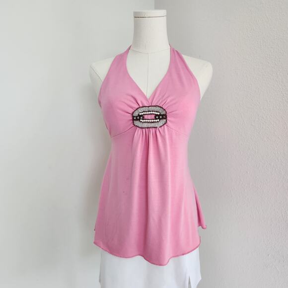 Y2K No Boundaries Pink Halter Top Beaded Rhinestone Front Detail Tank S - Picture 1 of 10